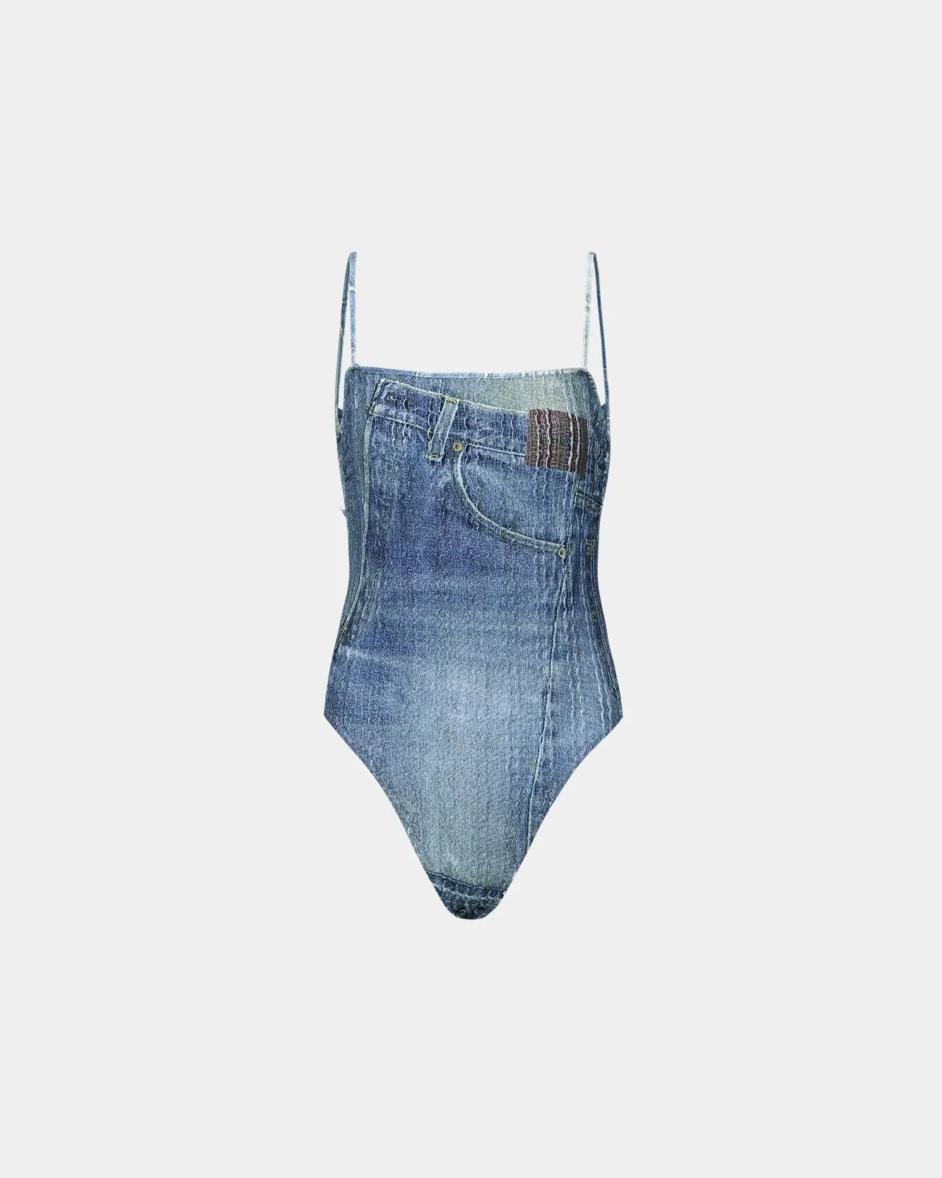 Denim Printed Knit Bodysuit (Washed Blue)