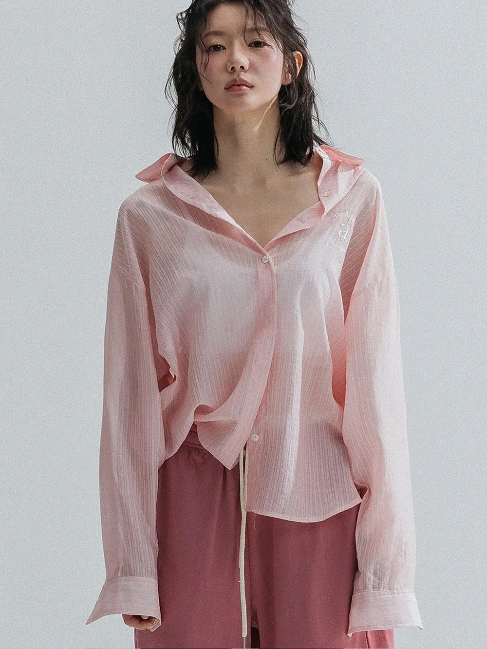 Pinstripe Sheer Shirt (Pink)