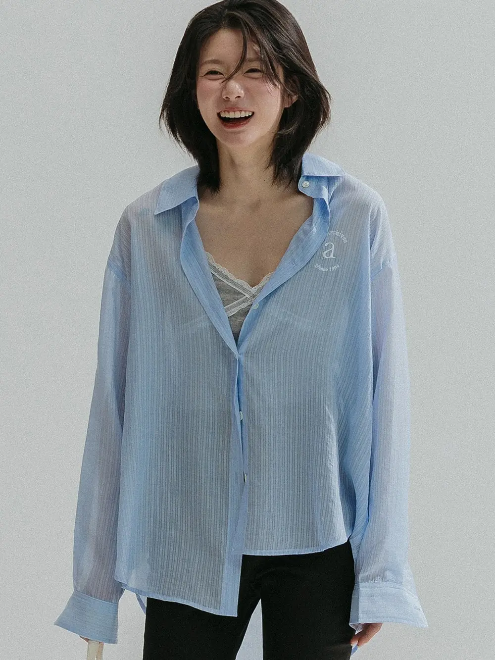 Pinstripe Sheer Shirt (Blue)