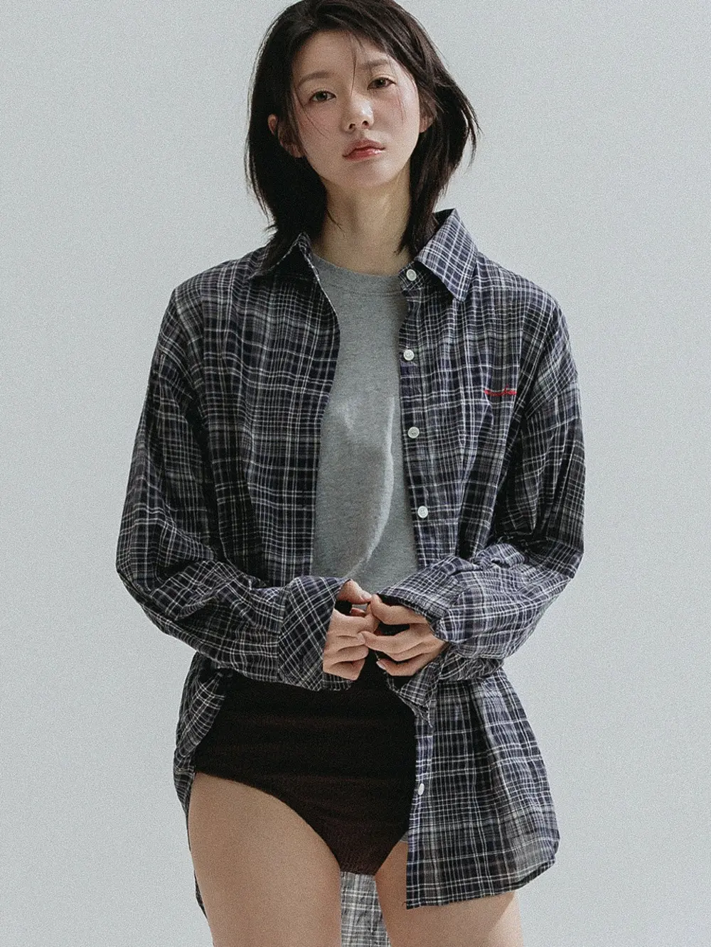 Ombre Check Sheer Shirt (Navy)