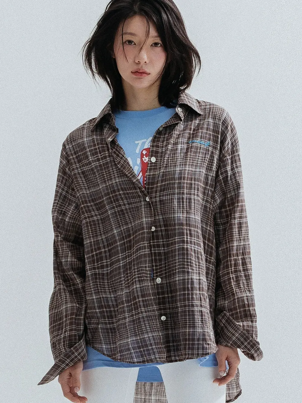 Ombre Check Sheer Shirt (Brown)