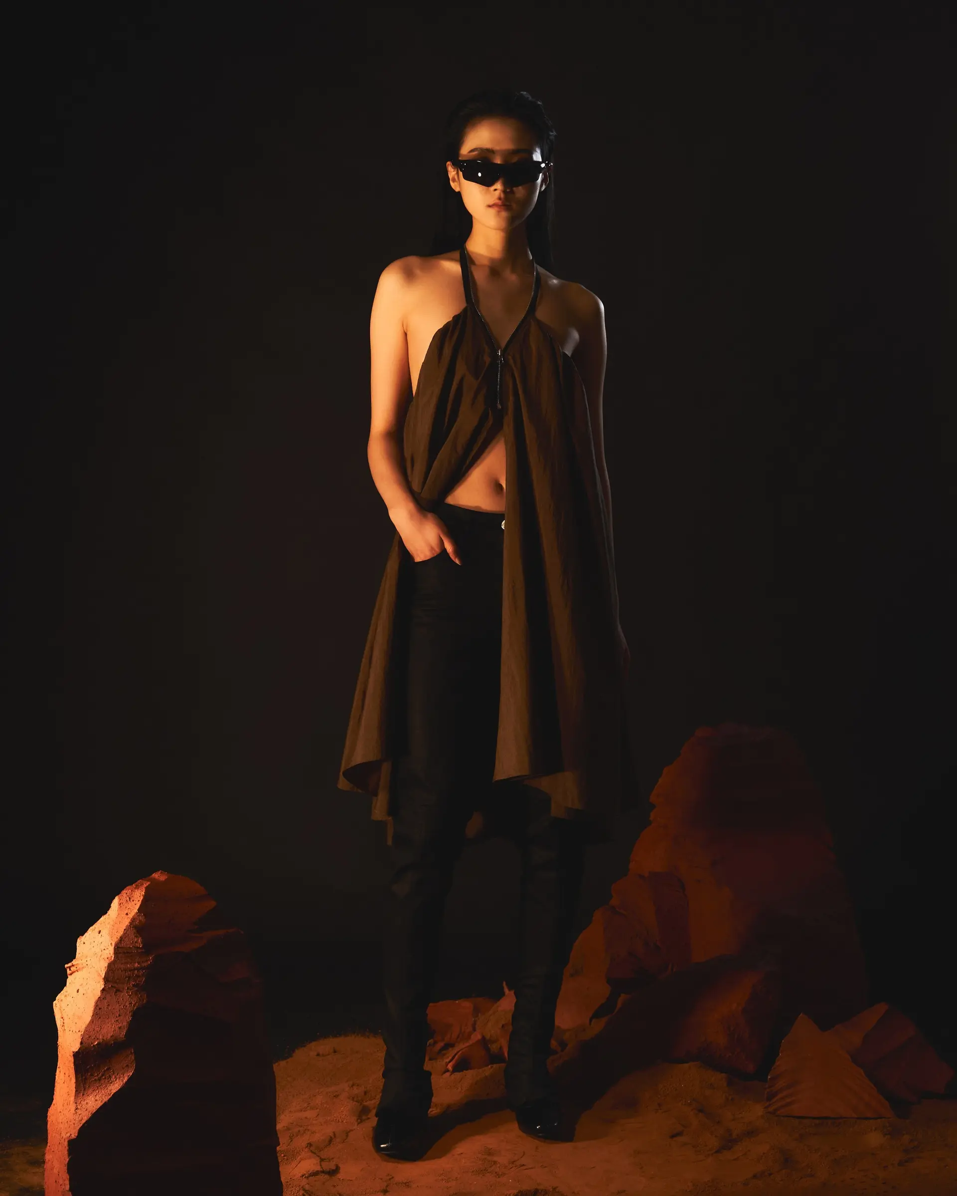 Zipped Draping Top (Dark Brown)
