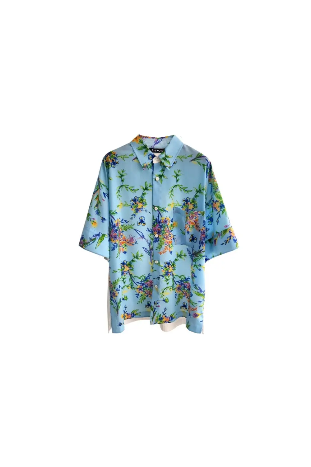 BIG PARK Blue Wildflower Artwork Colour-Block Shirt