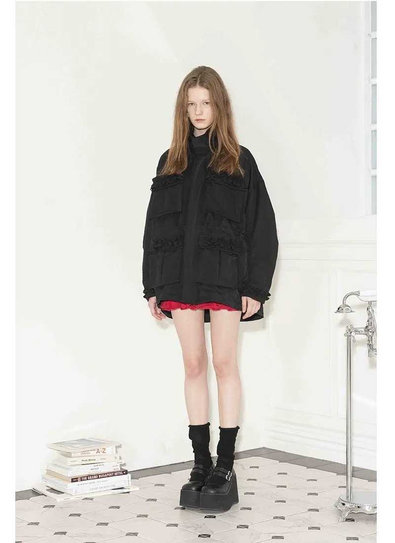 Frill-Trimmed Hooded Field Jacket