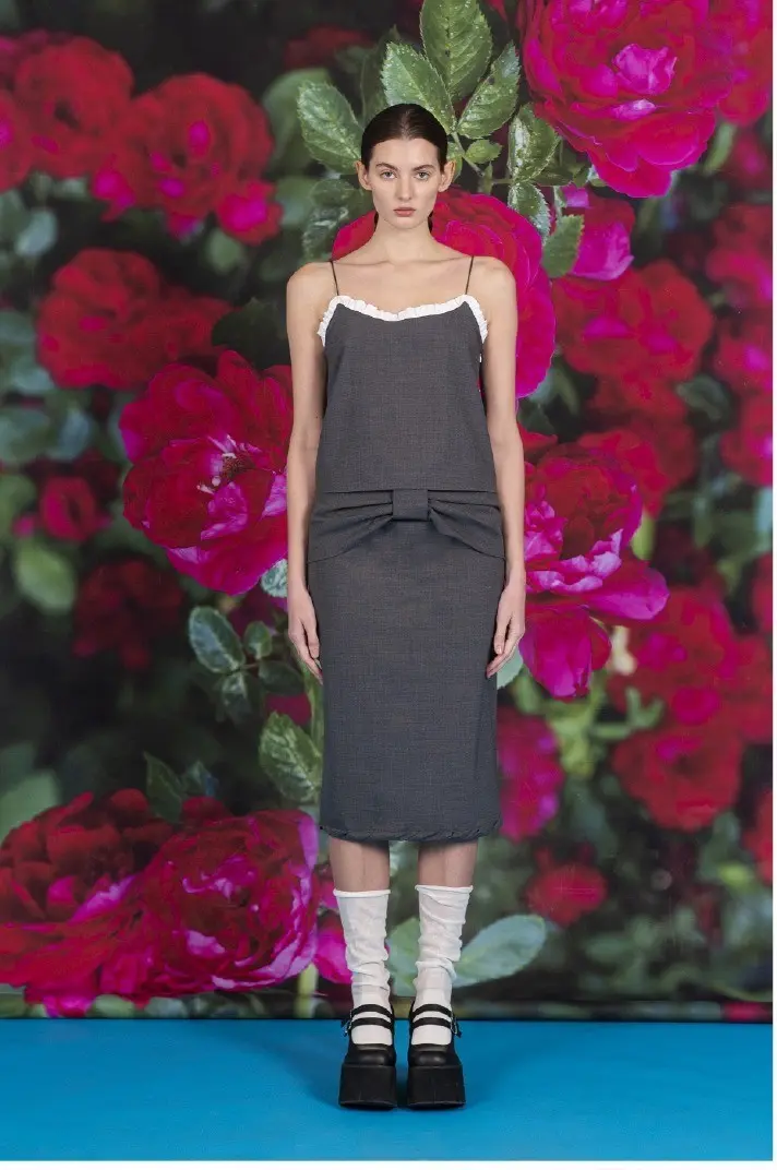 Ribbon Drape Frill Detail Midi Skirt Grey