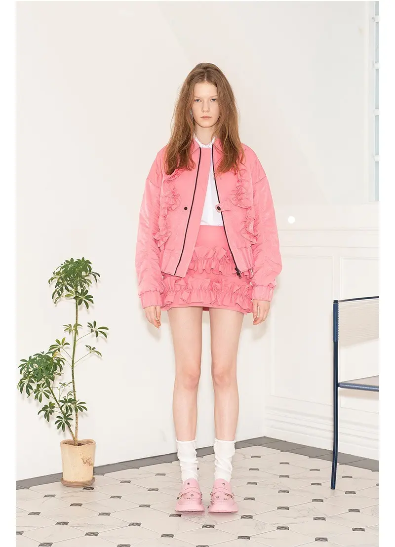 Ribbon Detail Frill Bomber Jacket Pink