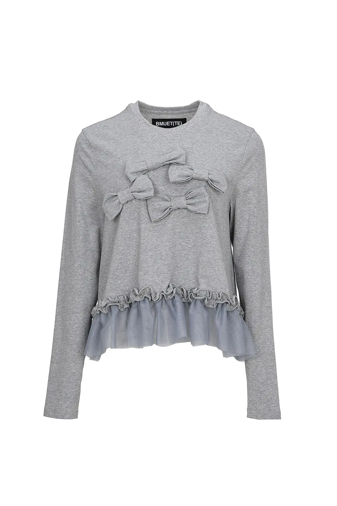Ribbon Detail Sheer Frill T-Shirt Grey