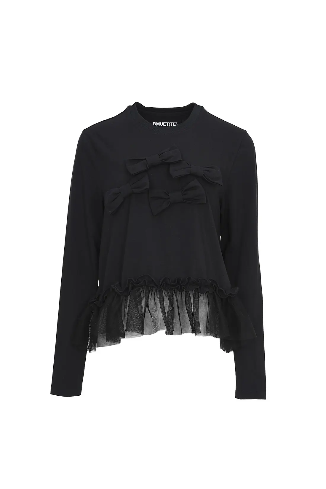 Ribbon Detail Sheer Frill T-Shirt Black
