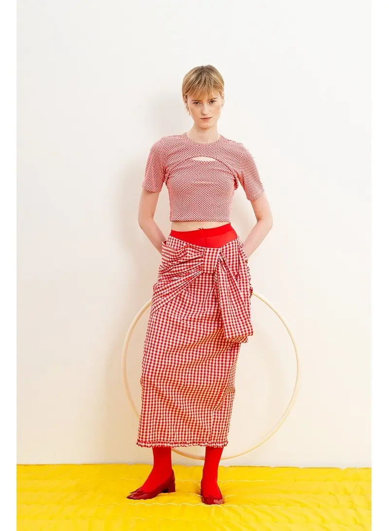 Check Ribbon Drape Skirt Red