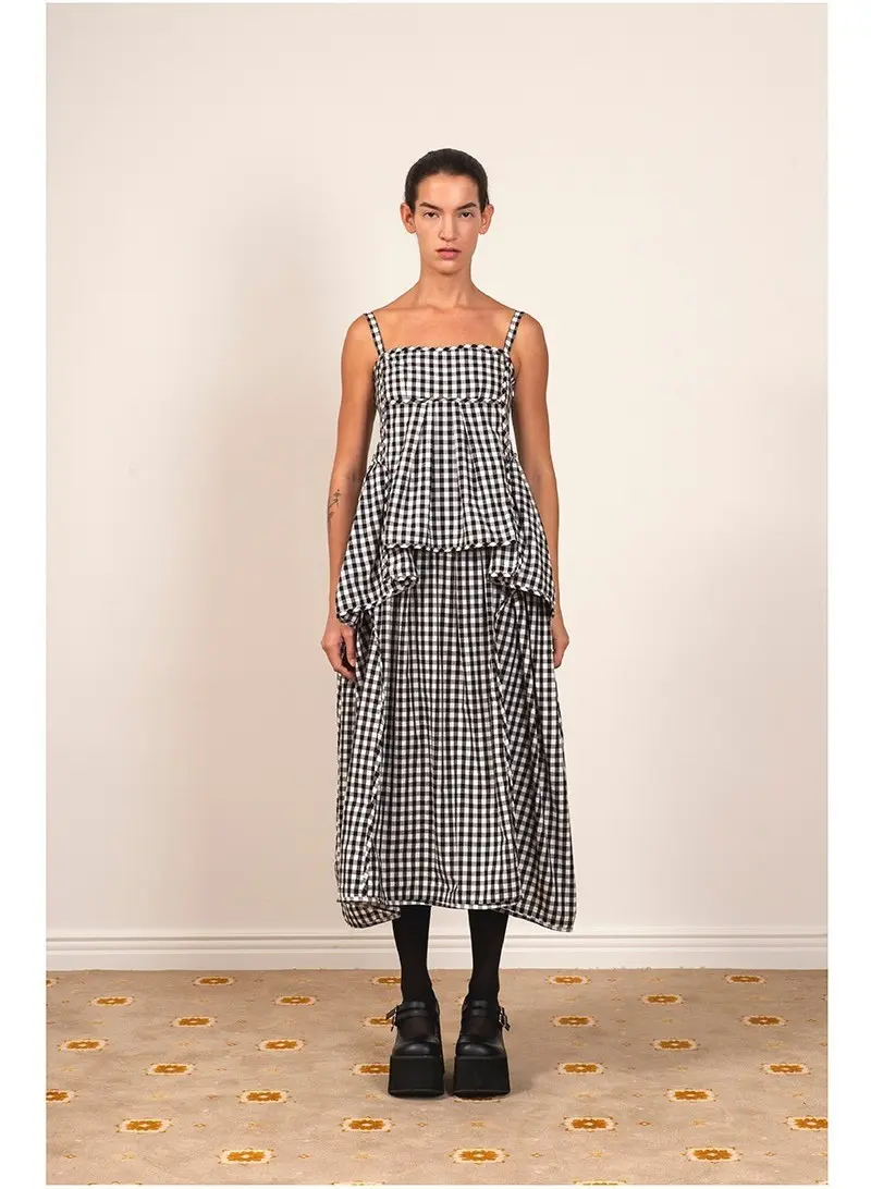 Gingham Check Line Detail Volume Skirt Black