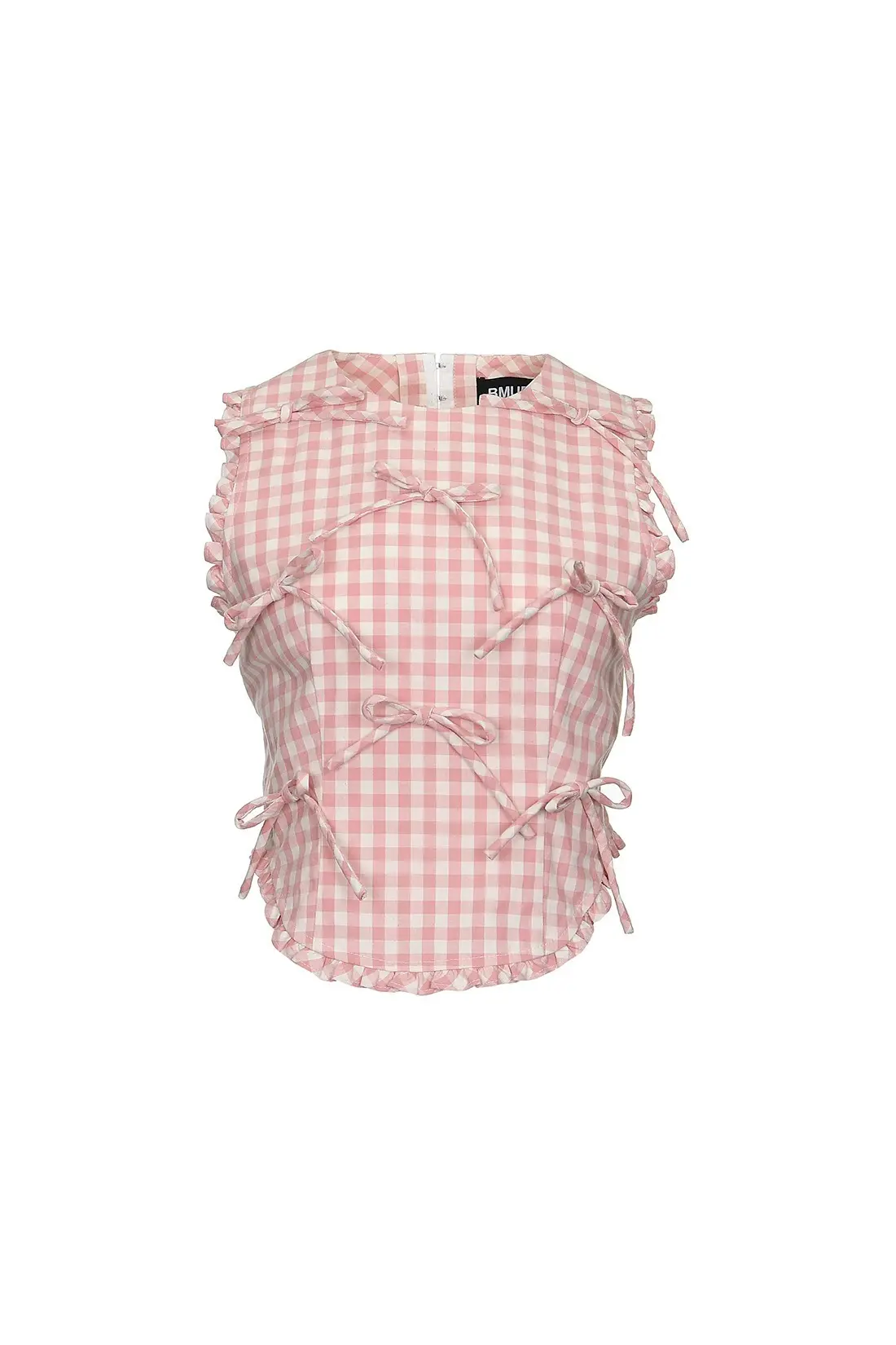 Ribbon Detail Gingham Check Top Pink