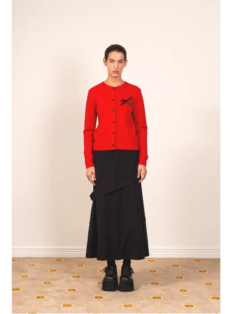 Ribbon Detail Logo Wool Cardigan Red