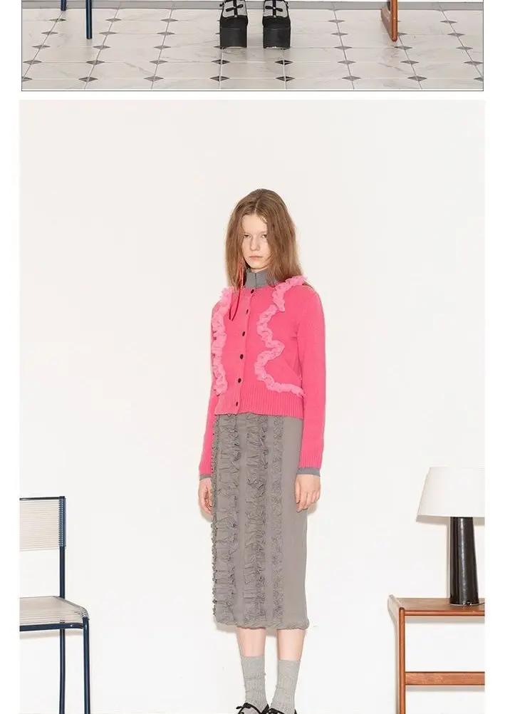 Frill Detail Wool Knit Cardigan Pink