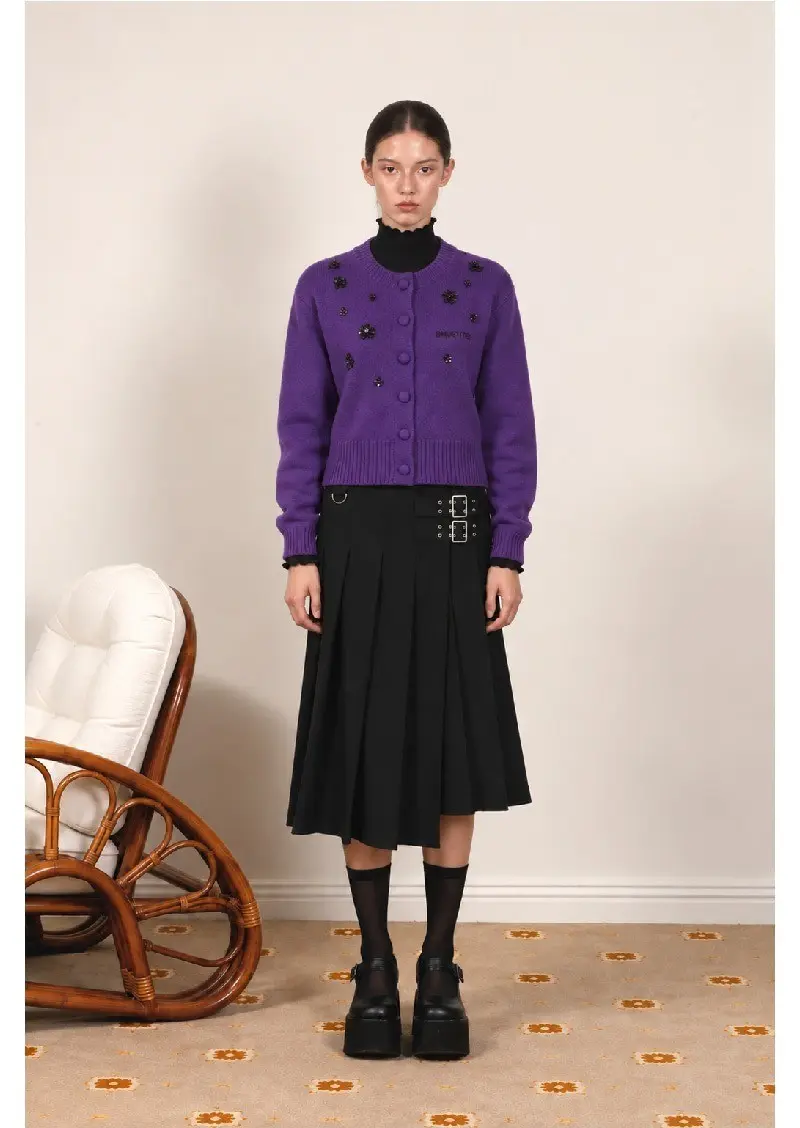 Flower Beads Slit Wool Knit Cardigan Purple
