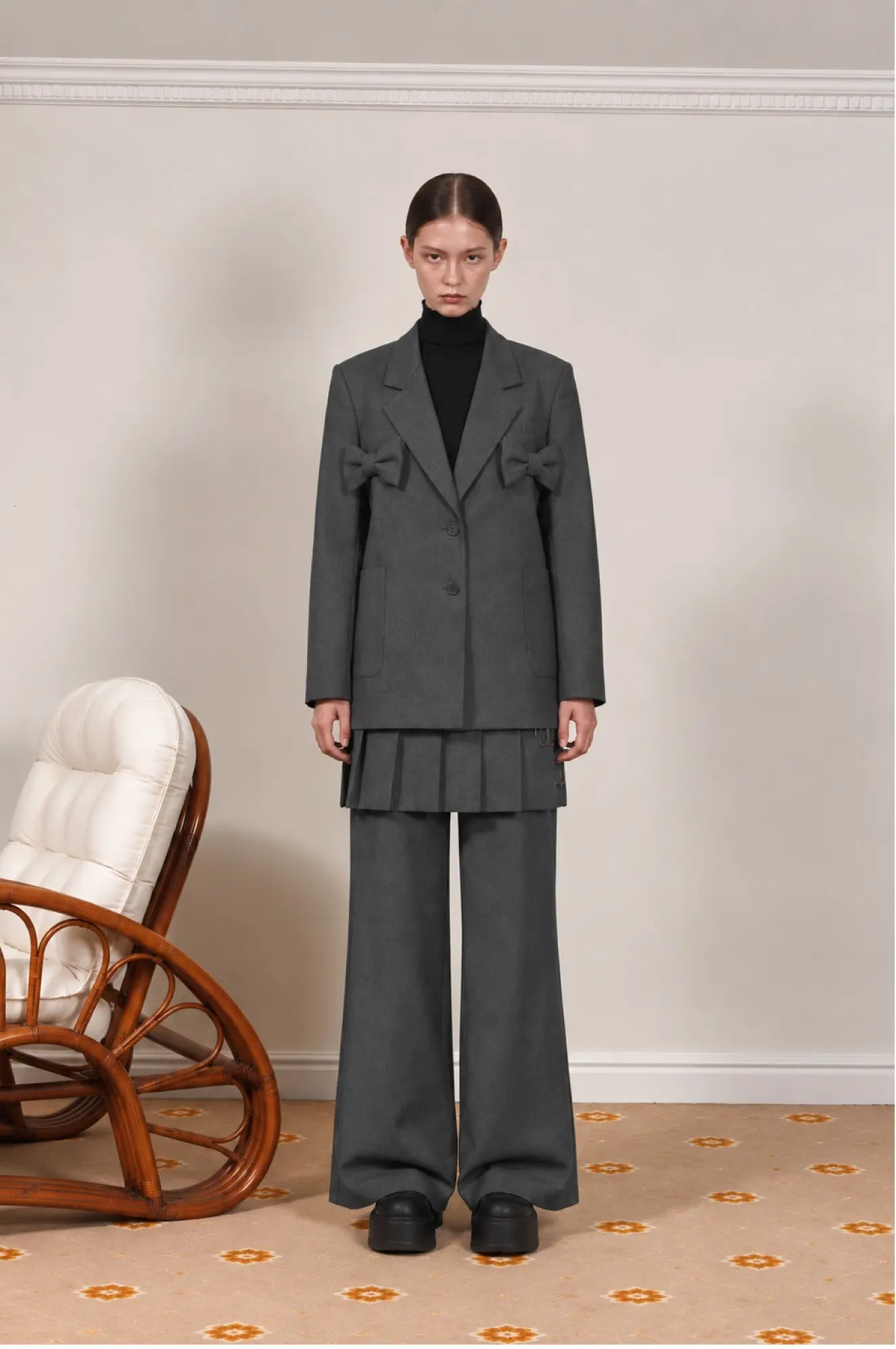 Ribbon Detail Single-Button Wool Jacket Grey