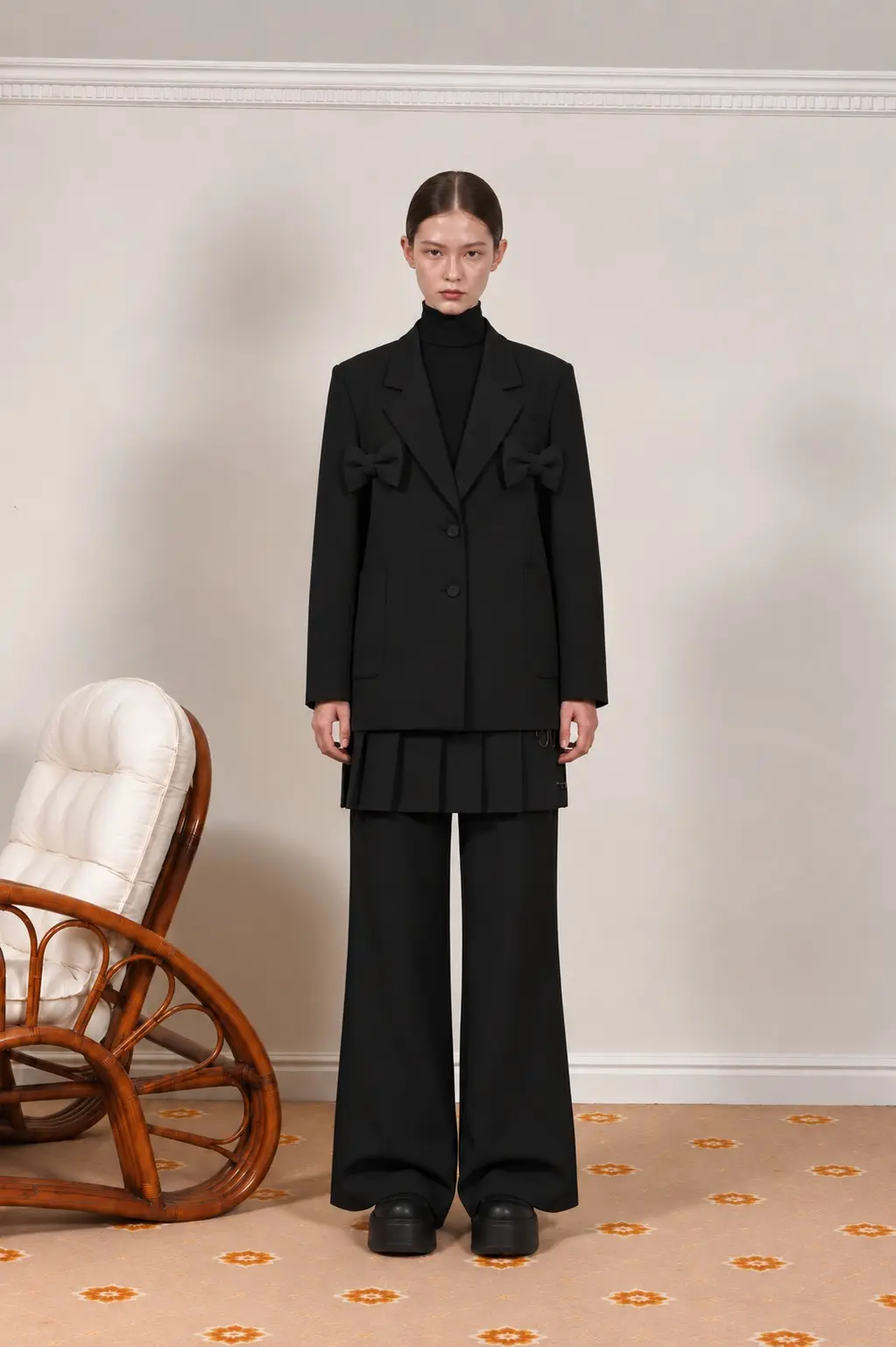Ribbon Detail Single Button Black Wool Jacket