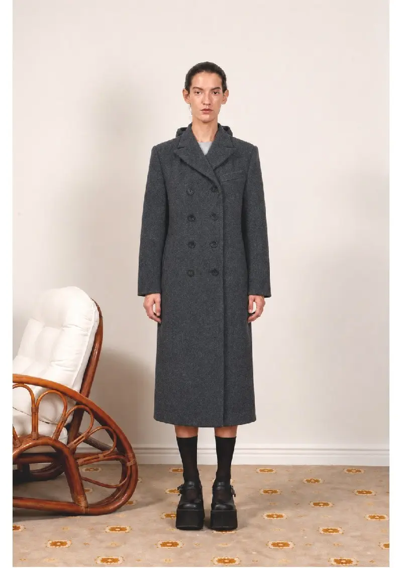 Ribbon Detail Double-Breasted Coat Grey
