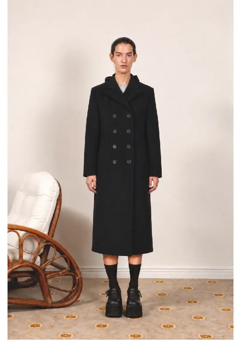 Ribbon Detail Double-Breasted Coat Black