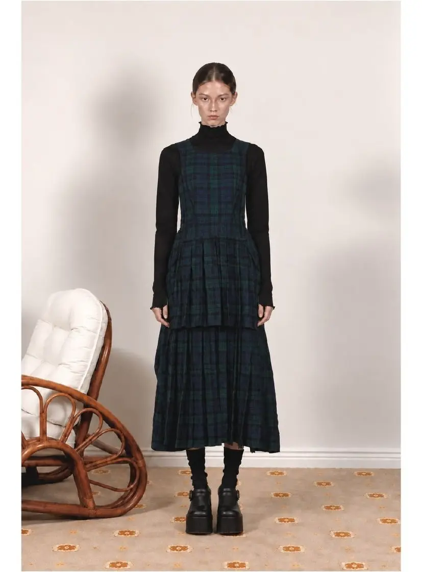 Tartan Check Two-Tier Pleated Dress Navy Green