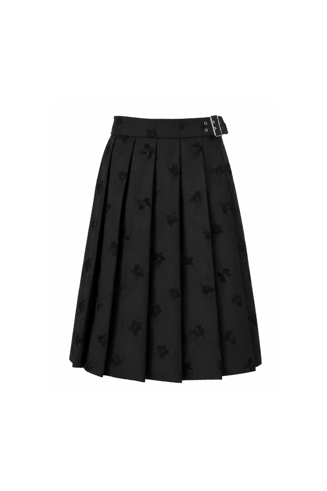 Buckle Detail Flower Embroidery Pleated Skirt