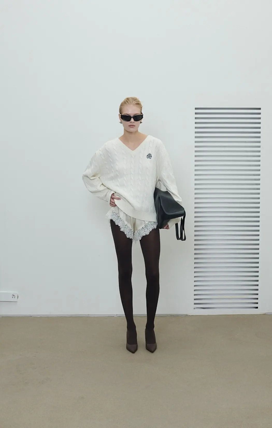 V-Neck Cable Knit Sweater (Ivory)