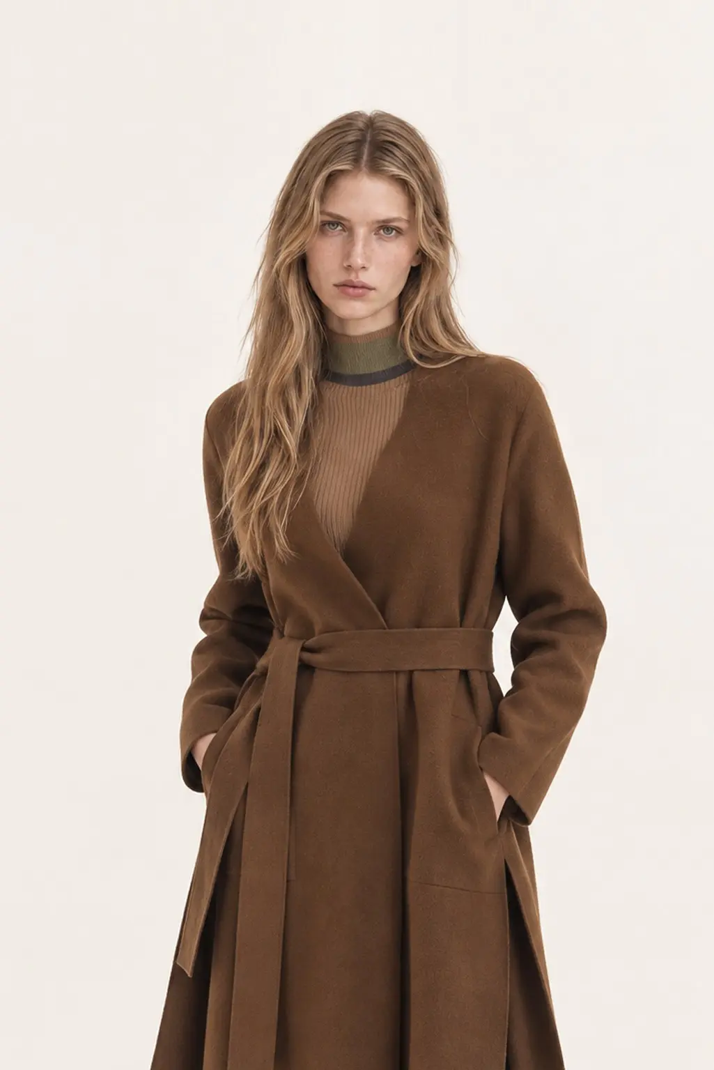 [CAHISIENNE] Slim-Fit Collarless Slit Wool Embroidery Stitch Coat Khaki Brown