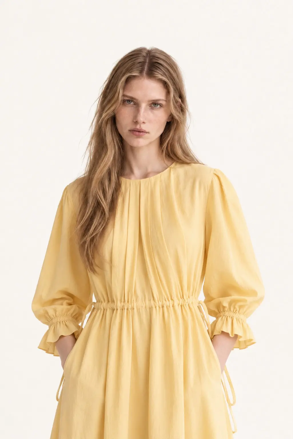 [CAHISIENNE] Pleated Neckline Strap Long Dress (Yellow)