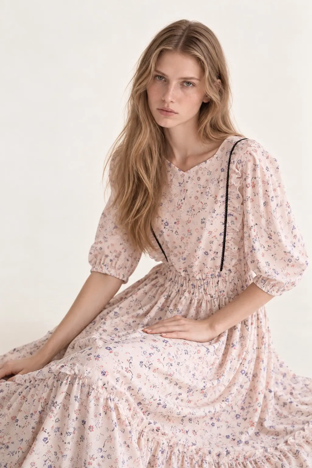 [CAHISIENNE] Heart Neck Flower Frill Long Dress (Ivory)