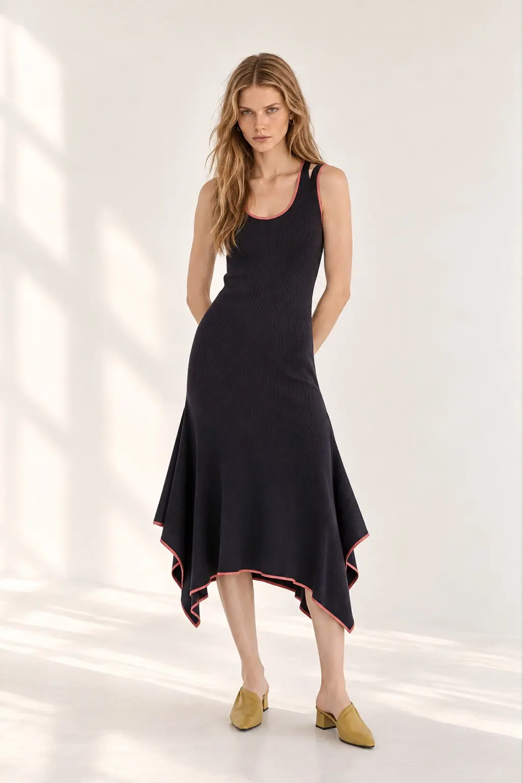 [CAHISIENNE] Slim-Fit Sleeveless Slit Asymmetric Knit Dress (Black)
