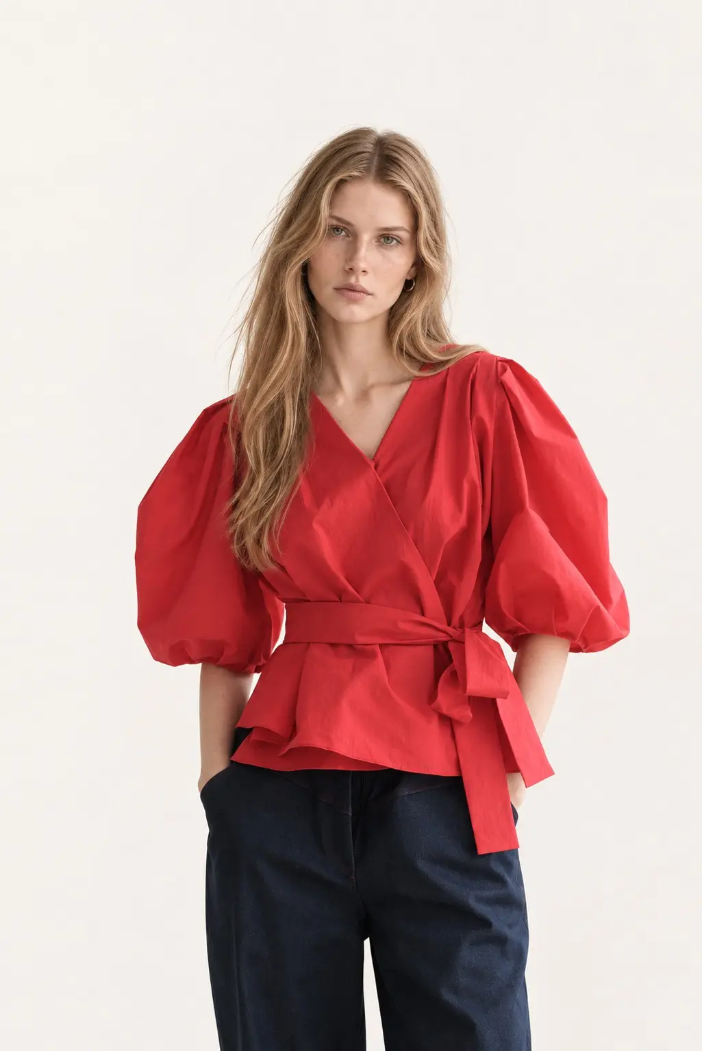 [CAHISIENNE] Puff Sleeve Drape Wrap Blouse
