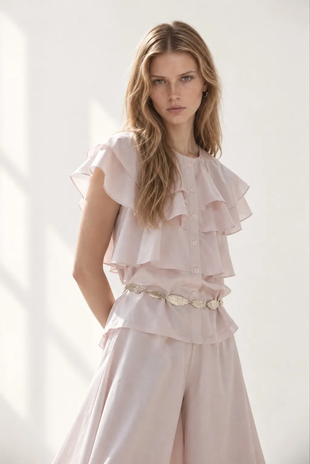 [CAHISIENNE] Loose-Fit 3-Tier Ruffle Sleeveless Blouse (Pink Beige)