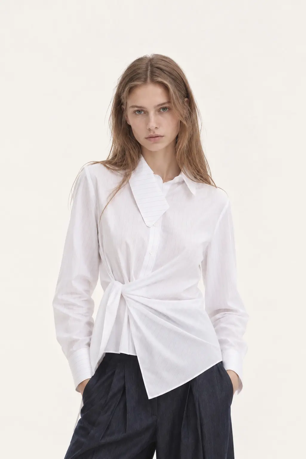 [CAHISIENNE] Slim-Fit Asymmetric Striped Shirt Blouse (White)