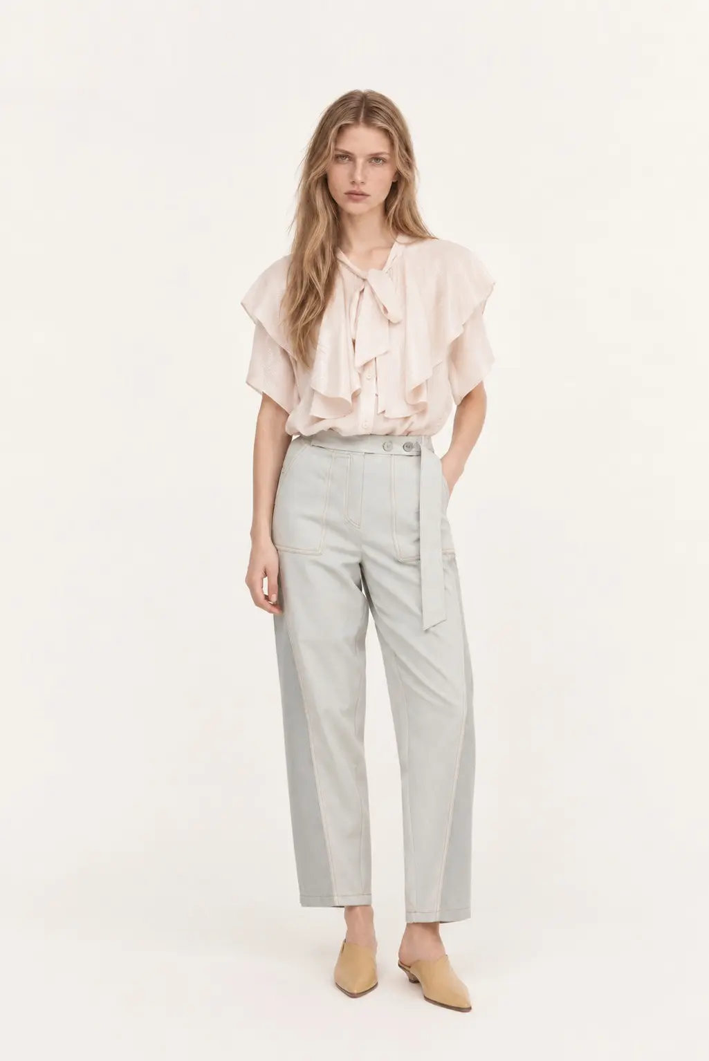 [CAHISIENNE] High-Waist Banded Baggy Pants (Light Khaki)