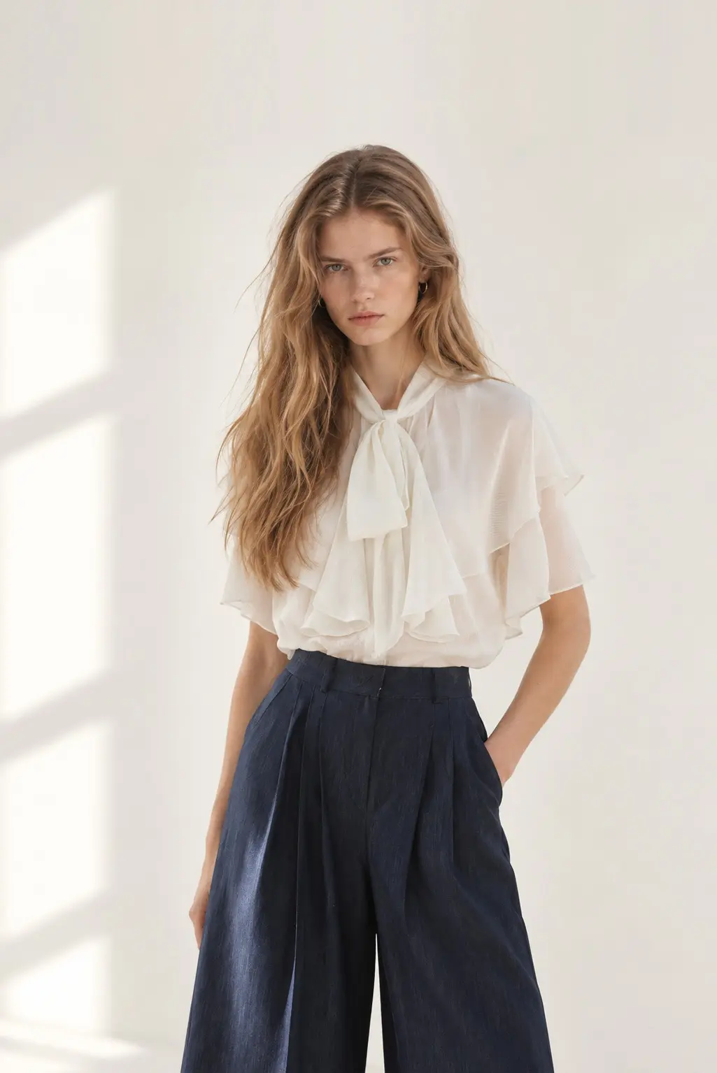 [CAHISIENNE] Loose-Fit Ruffle Tie Blouse (Ivory)