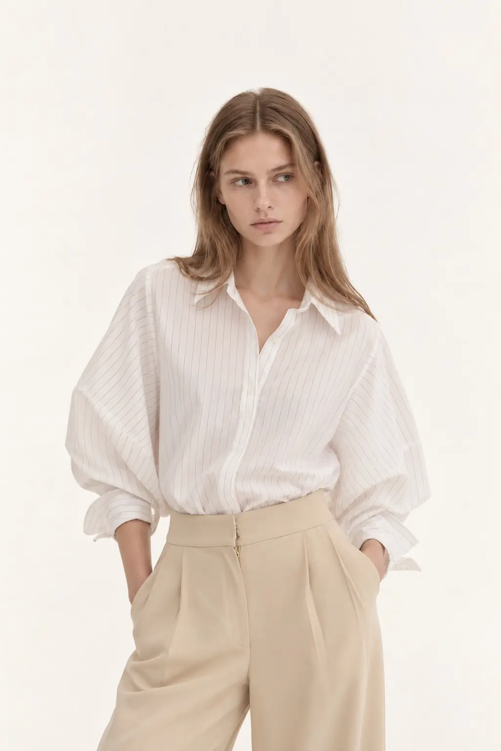 [CAHISIENNE] Striped Loose-Fit Volume Sleeve Shirt (White)