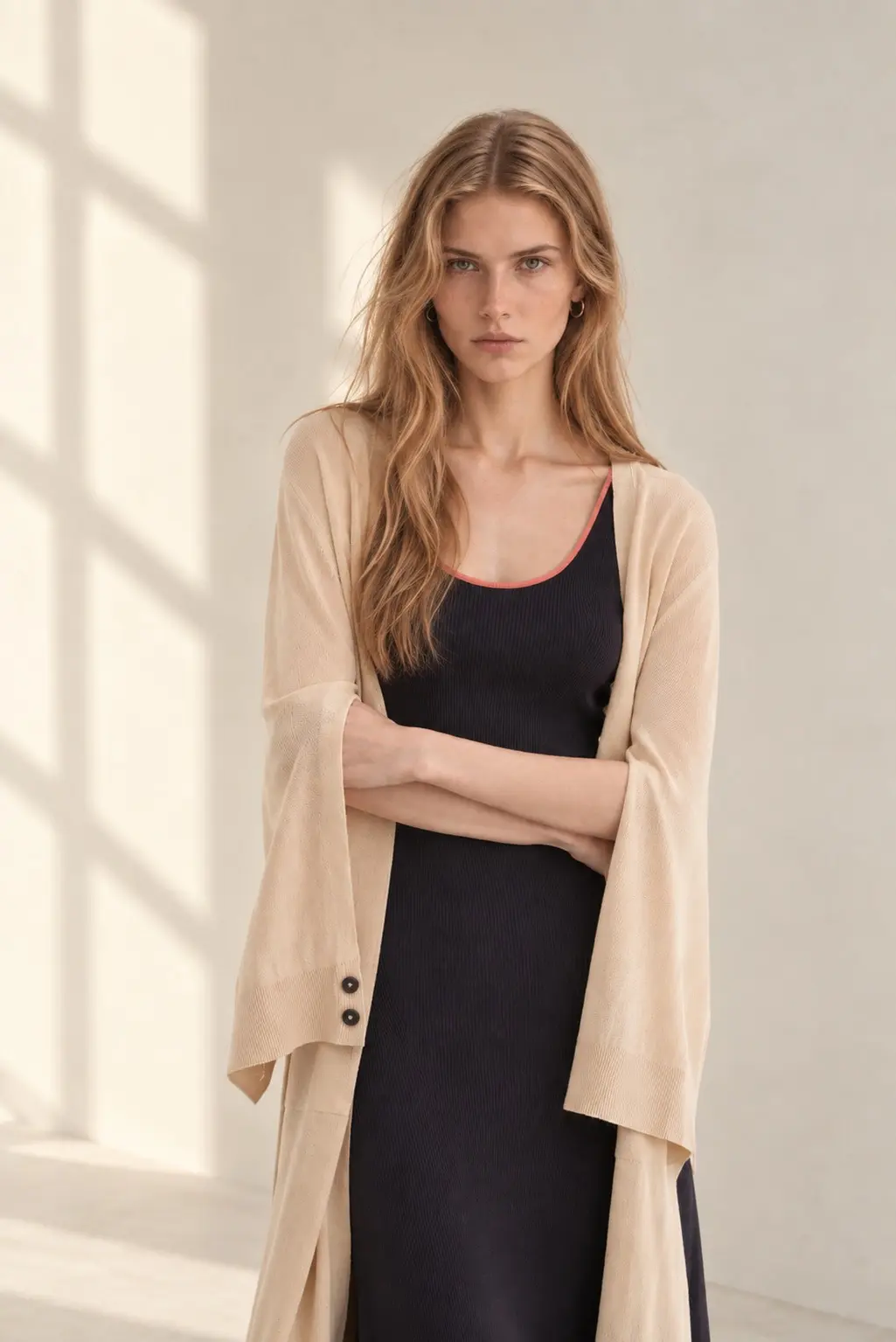 [CAHISIENNE] Slit Sleeve Long Cardigan Light Beige