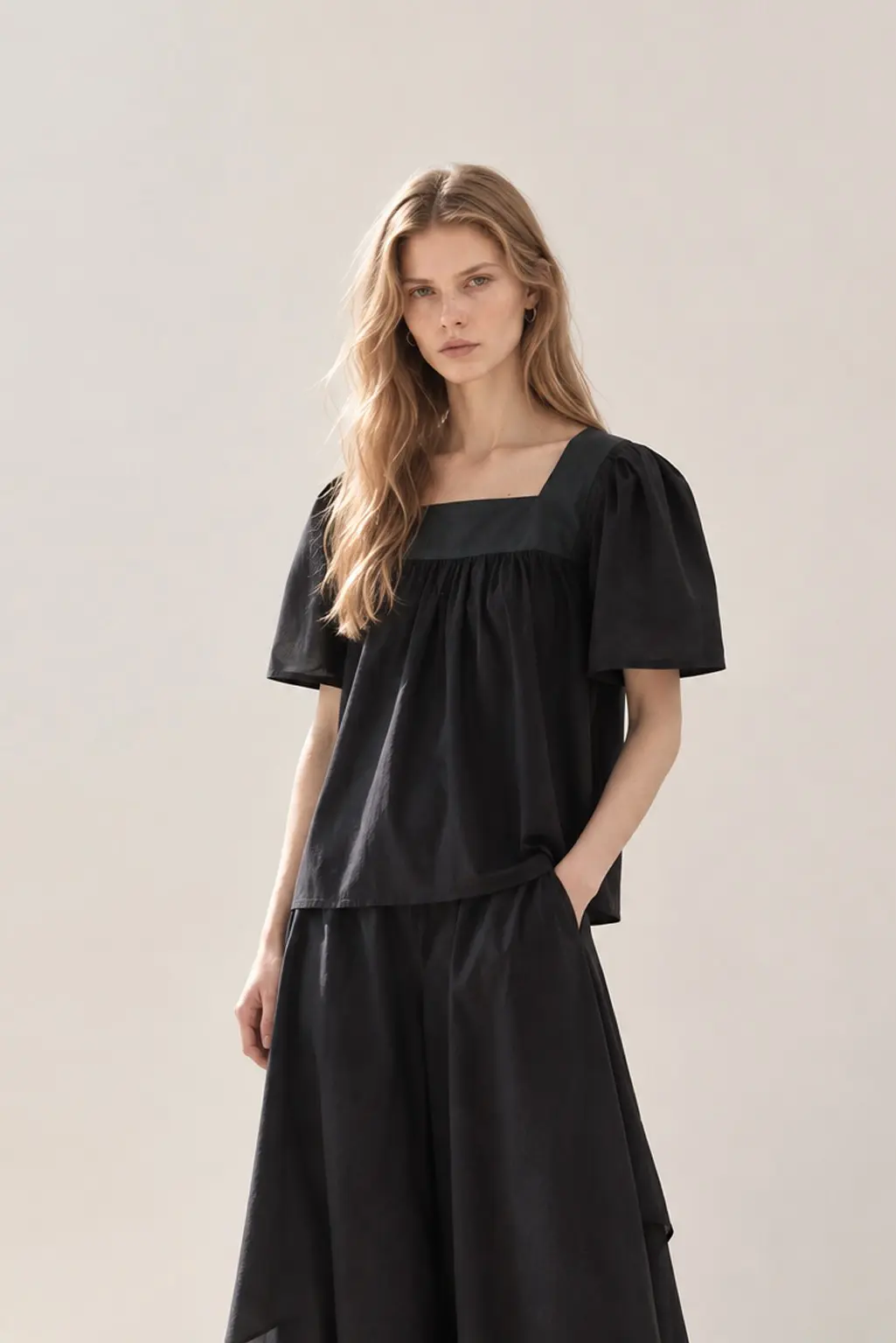 [CAHISIENNE] Square Neck Colorblock Puff Sleeve Blouse