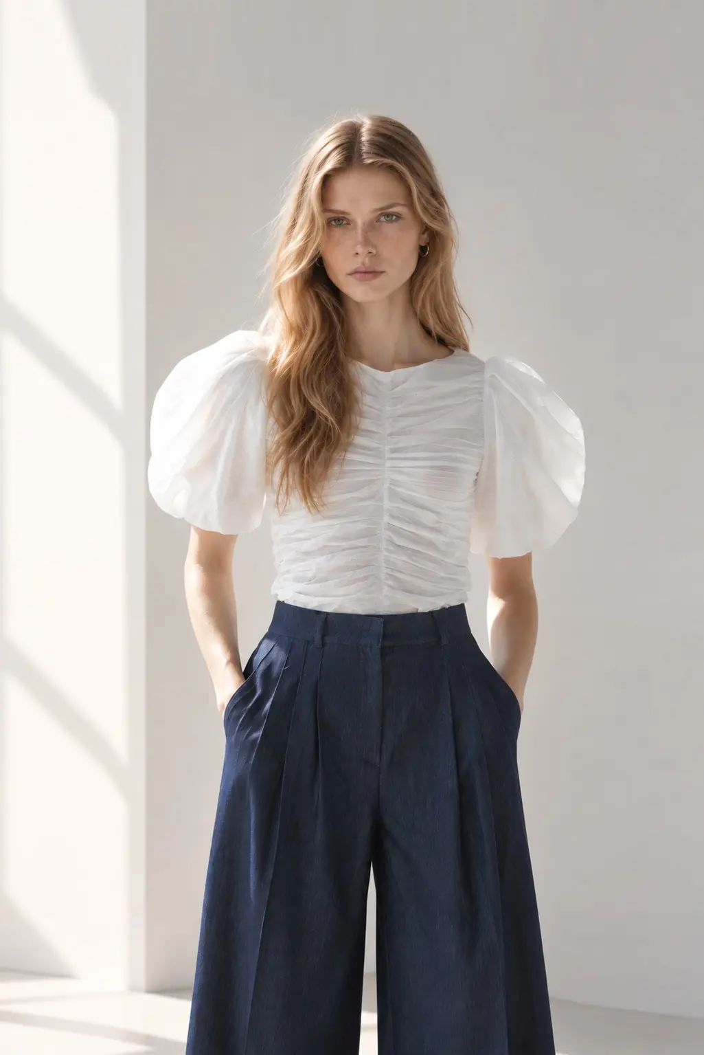 [CAHISIENNE] Slim-Fit Shirred White Blouse