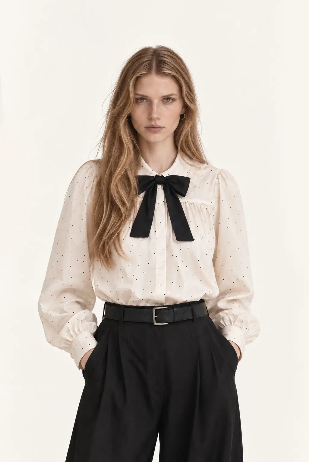 [CAHISIENNE] Dot Ribbon Blouse (Light Beige)