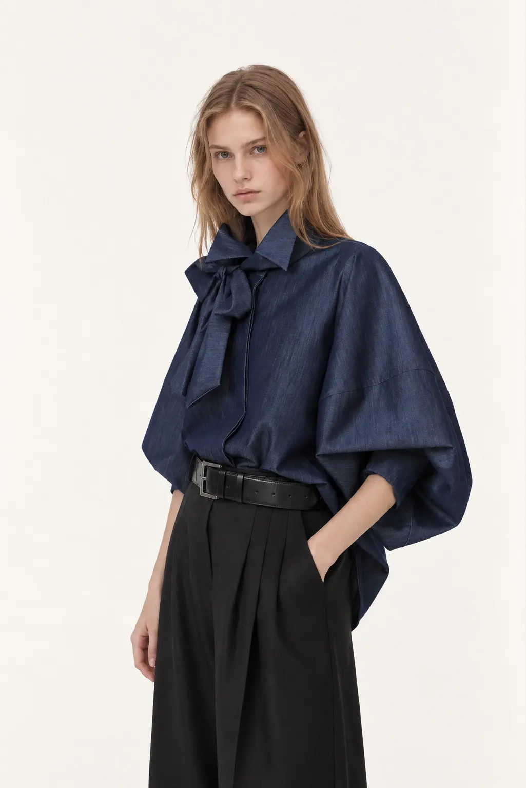 [CAHISIENNE] Volume Sleeve Tie-Neck Denim Blouse