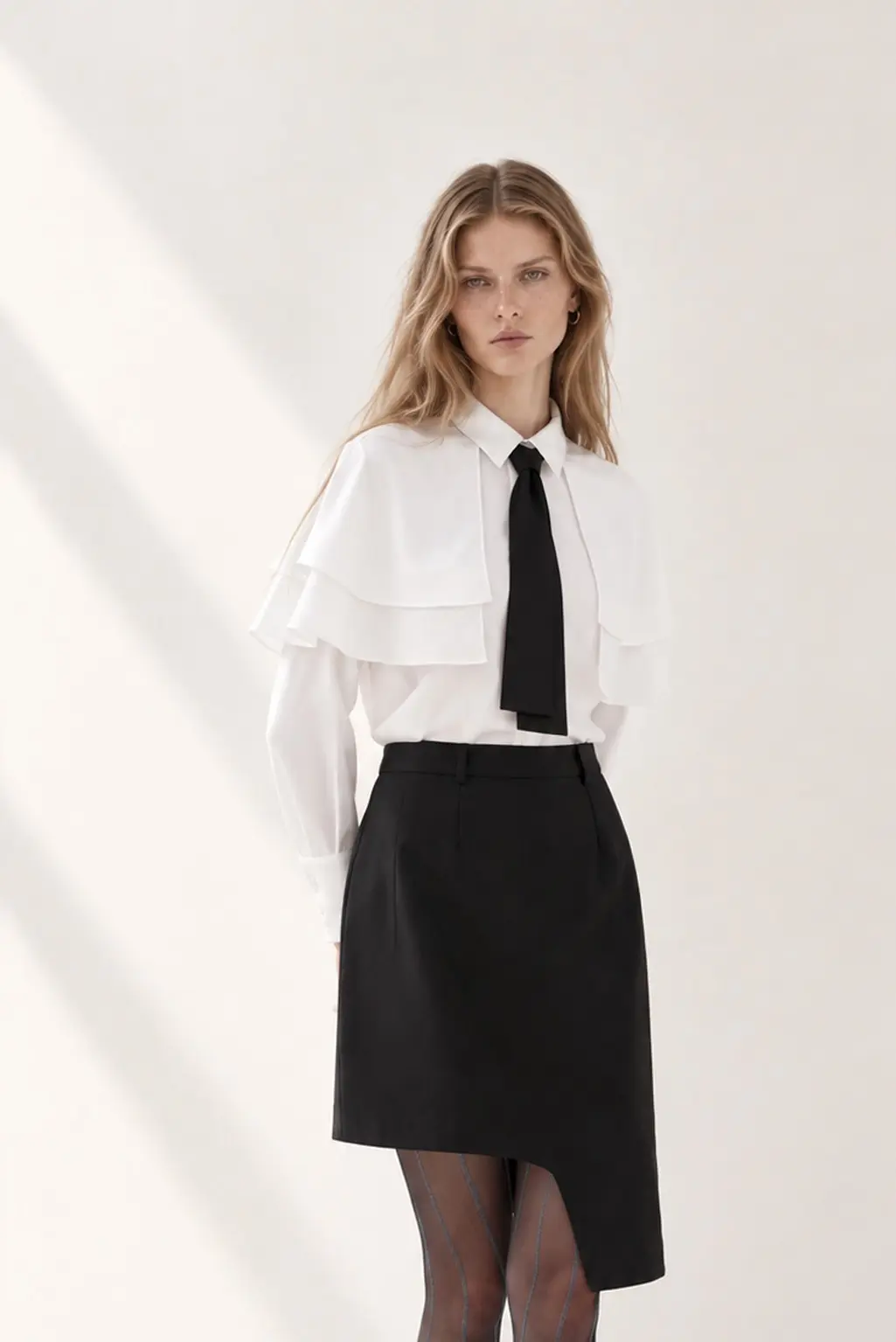 [CAHISIENNE] Black Tie Cape Blouse (White)