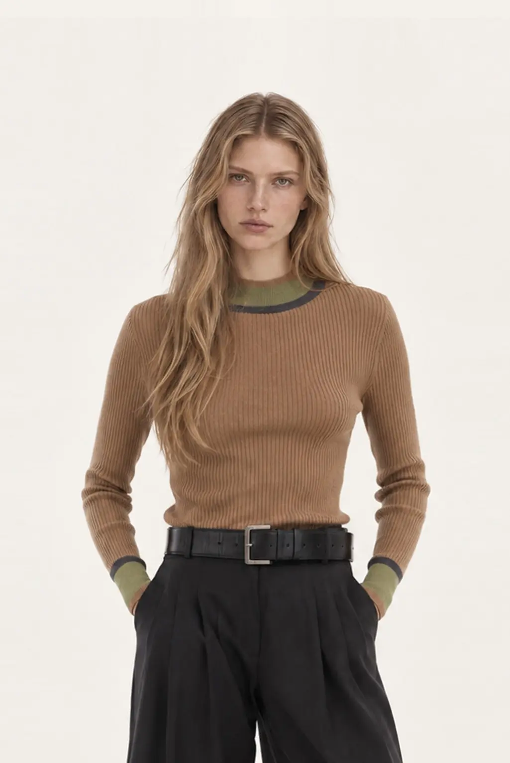 [CAHISIENNE] Color-Block Half-Neck Ribbed Knit (Camel)