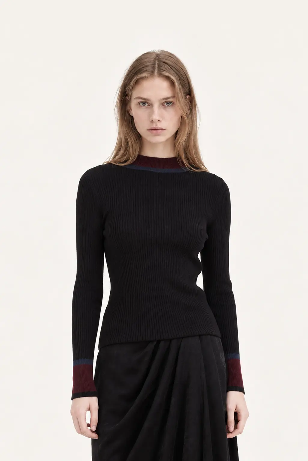 [CAHISIENNE] Color-Block Half-Neck Ribbed Knit (Black)