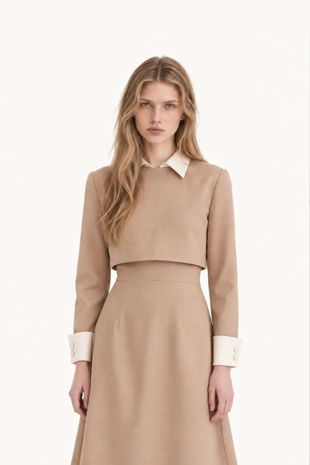 [CAHISIENNE] Cream Contrast Collar Beige A-Line Dress