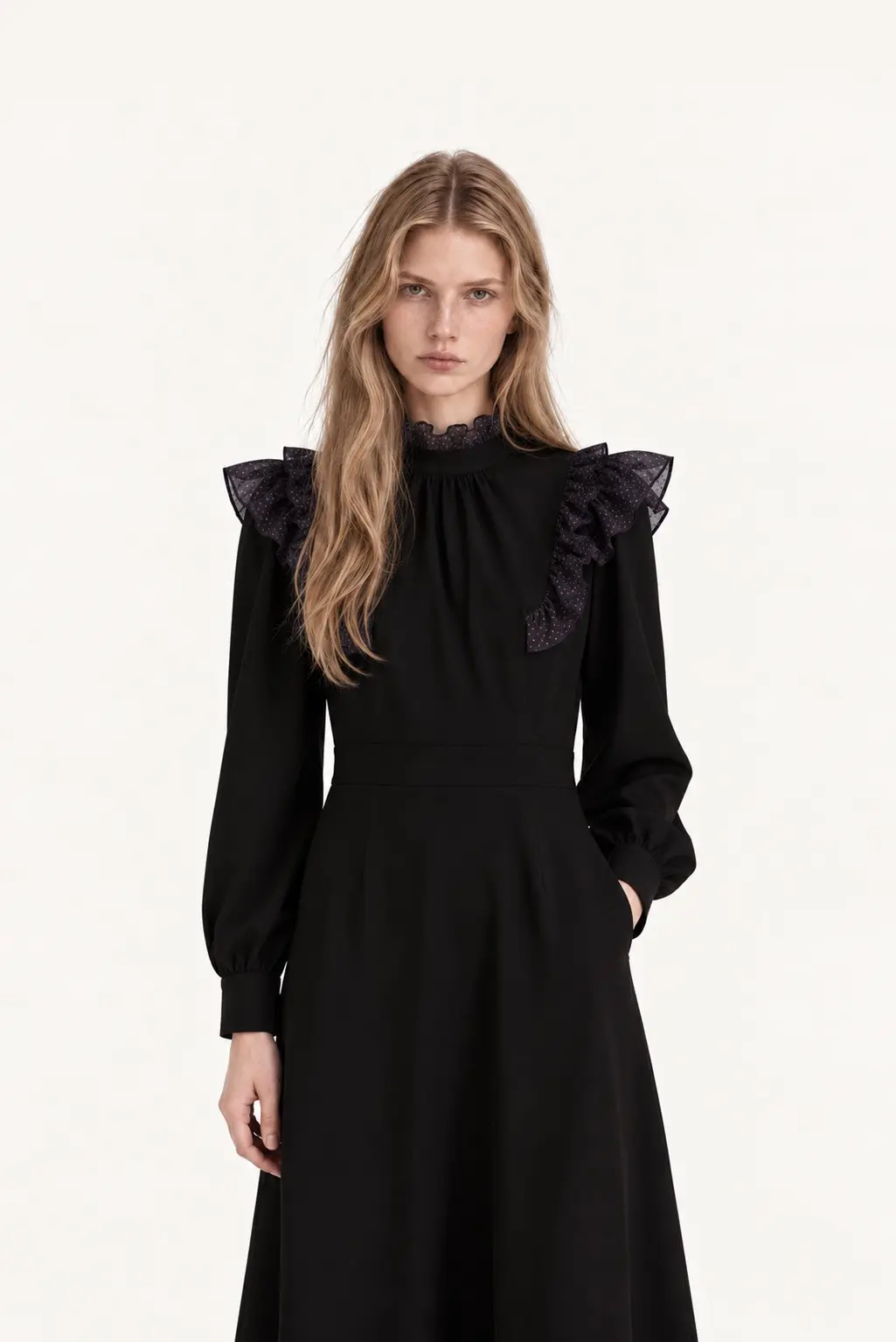 Black High Neck Chiffon Ruffle Point Dress