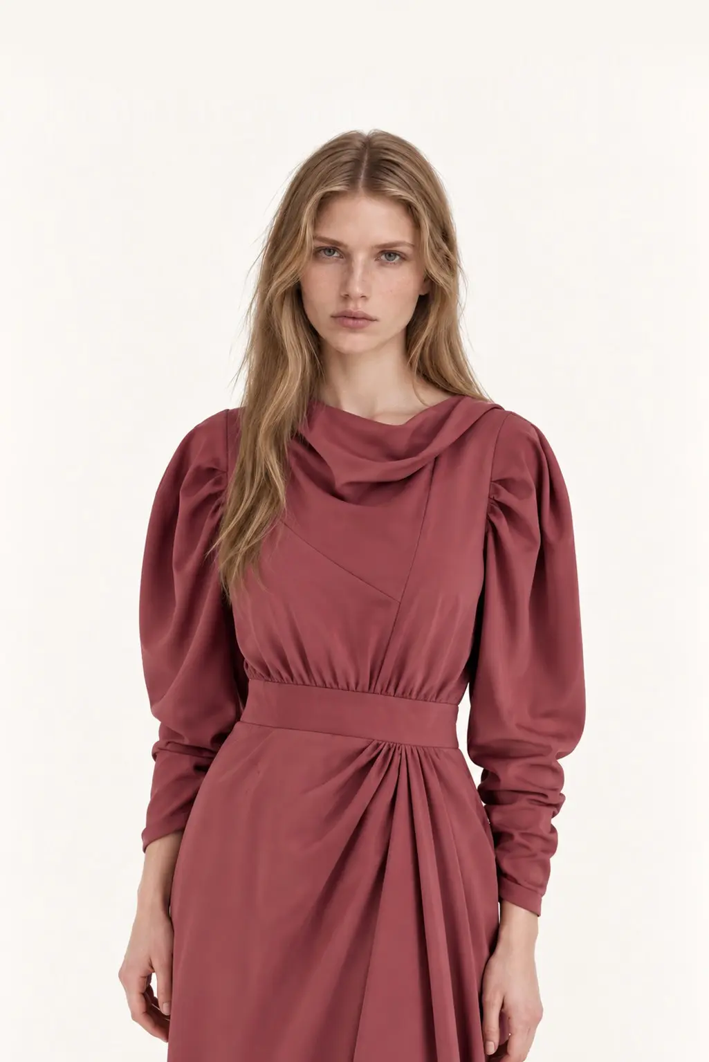 Drape Cowl Neck Asymmetric Dress