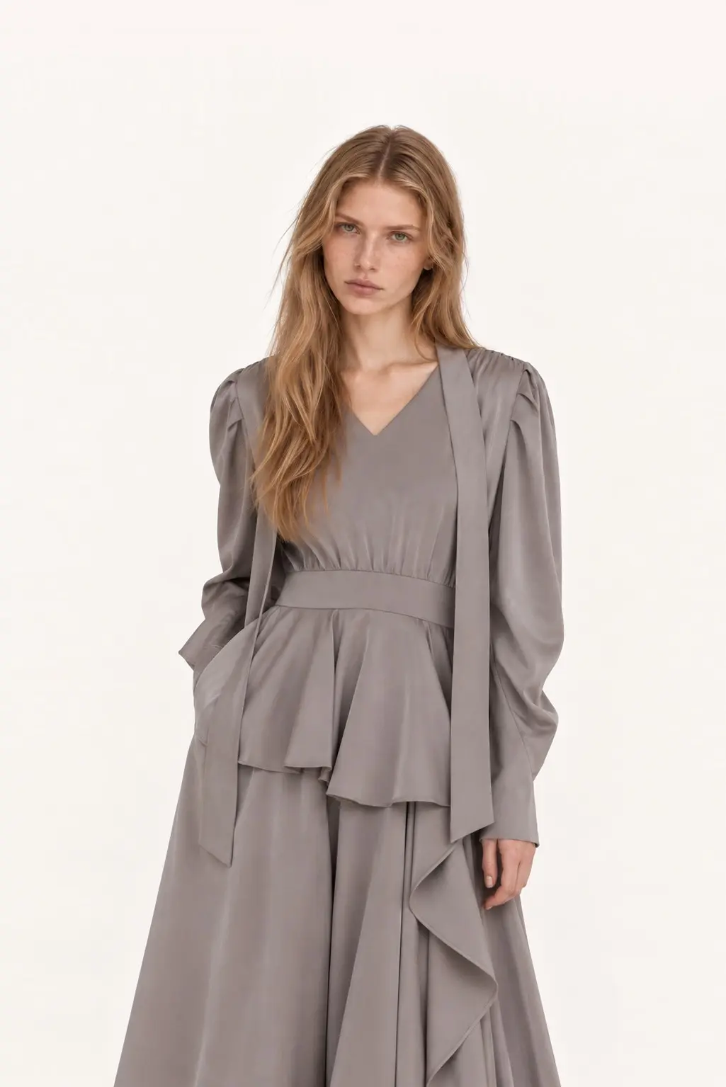 V-Neck Tie Drape Asymmetric Dress