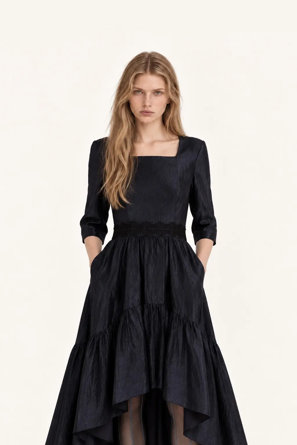 Navy Square Neck Asymmetric Flare Dress
