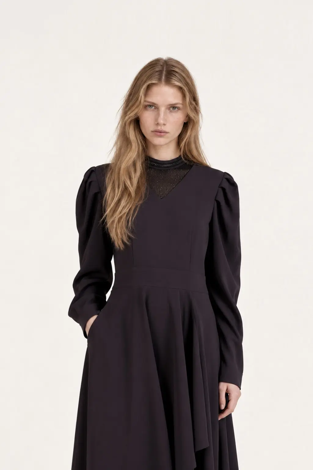 V-Neck Lace High Neck Drape Asymmetric Dress