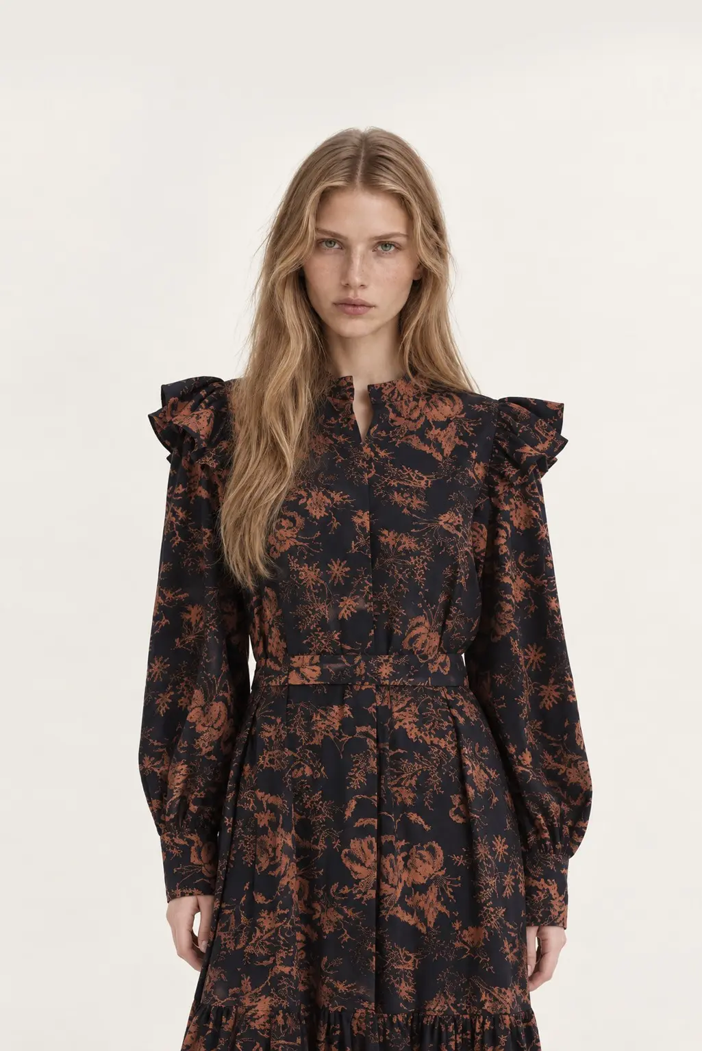 Loose-Fit Floral Frill Shirring Flare Dress